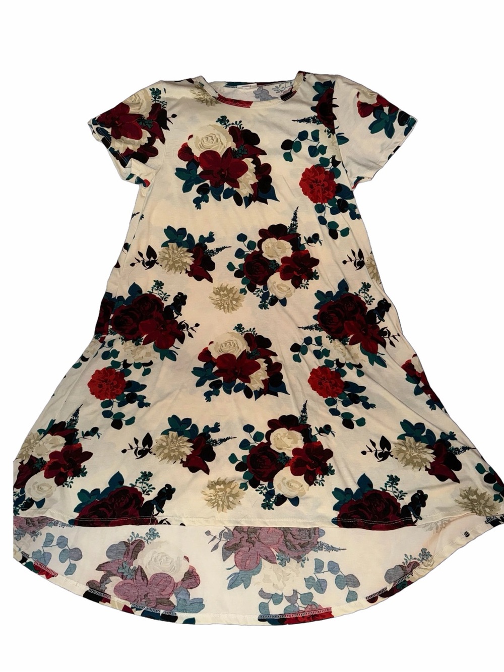 LuLaRoe Cream Floral Carly Dress with Red & Teal Blooms